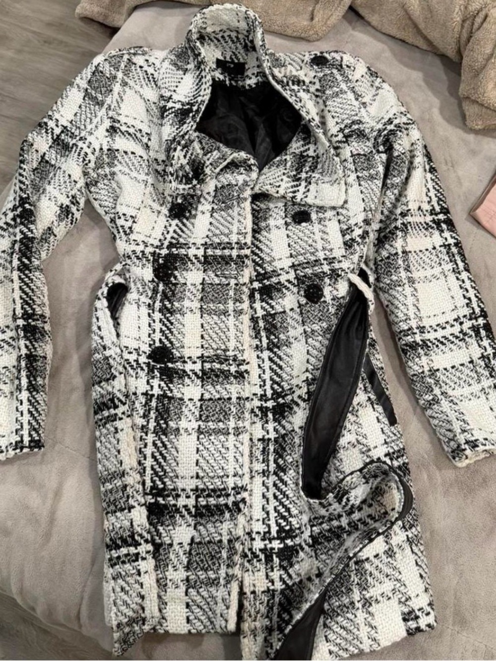 Black and White Plaid Textured Coat